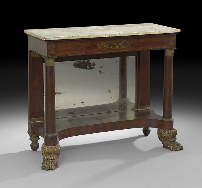 American Classical Stenciled Mahogany Pier Table: American Classical Giltwood and Stenciled Mahogany Pier Table, ca. 1825, New York, h. 36-3/4", w. 42", d. 17-1/2".