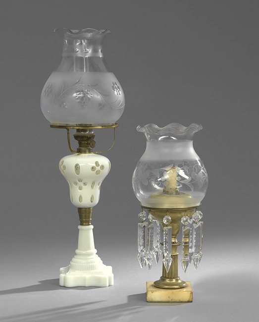 Two American Astral Lamps: Two American Astral Lamps, third quarter 19th century, one a labeled Cornelius and Baker gilt-lacquered example with a marble base and "back-cut Albert" spear prisms, h. 15", the other a white overlay