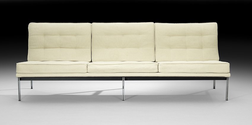 American Mid-Century Modern Steel-Frame Sofa: American Mid-Century Modern "Parallel Bar" Steel-Frame Sofa, third quarter 20th century, attributed to Knoll, after a design by Florence Knoll (American, b. 1917), h. 30", w. 84", d. 34".