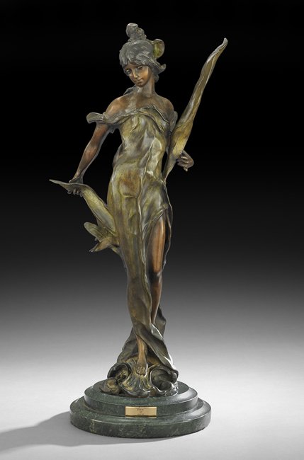 French Patinated Bronze of "Diana": French Patinated Bronze of "Diana", first quarter 20th century, after Pierre Roche (French, 1855-1922), incised signature en verso, on a stepped black marble plinth, overall, h. 28", w. 13", d. 9-1/2"