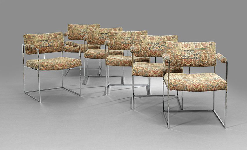 Six Milo Baughman Chromed-Steel Dining Armchairs: Six Vintage Milo Baughman for Thayer Coggin Chromed-Steel Dining Armchairs, 1970's, upholstered in a later "tapestry" fabric, h. 28-1/2".