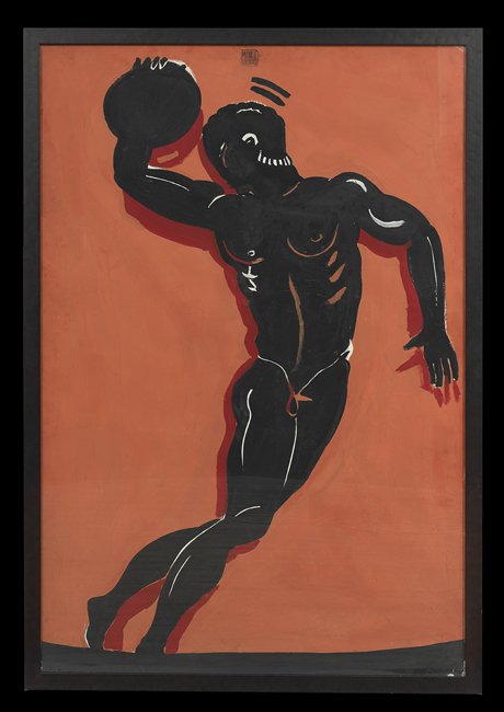Michael Vollbracht (American, b. 1947): Michael Vollbracht (American, b. 1947), "The Discus Thrower", gouache on paper, signed upper center, sight 59" x 39". Glazed and framed.