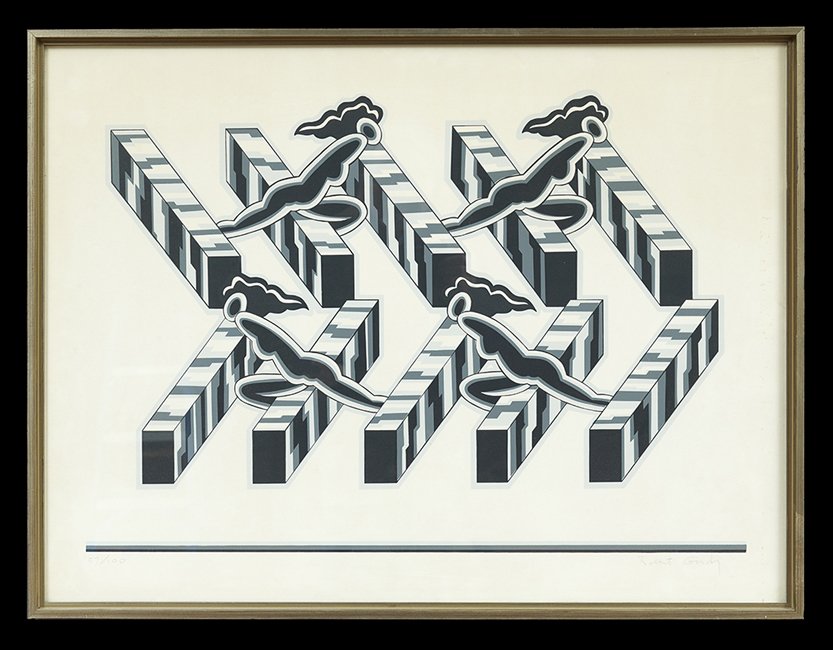 Robert Gordy (American/Louisiana, 1933-1986): Robert Gordy (American/Louisiana, 1933-1986), "Women Climbing Stairs", color silkscreen, pencil-signed lower right , numbered lower left "57/100", sight 24-1/4" x 32-1/4". Glazed and framed.