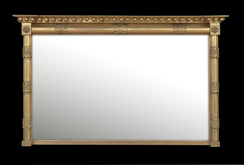 William IV Giltwood Overmantel Mirror: William IV Giltwood Overmantel Mirror, second quarter 19th century, decorated with lotus leaf-molded pilasters terminating with lion's head-molded corner blocks, the cornice decorated with gilt spheru