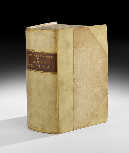 Angelus de Clavasio, "Summa Angelica": Angelus de Clavasio (1411-1495) Incunabulum, Summa Angelica, Venice: Georgius Arrivabene [n.d., ca. 1492], crown octavo, in half vellum with white paper boards, the spine with red leather panel with g