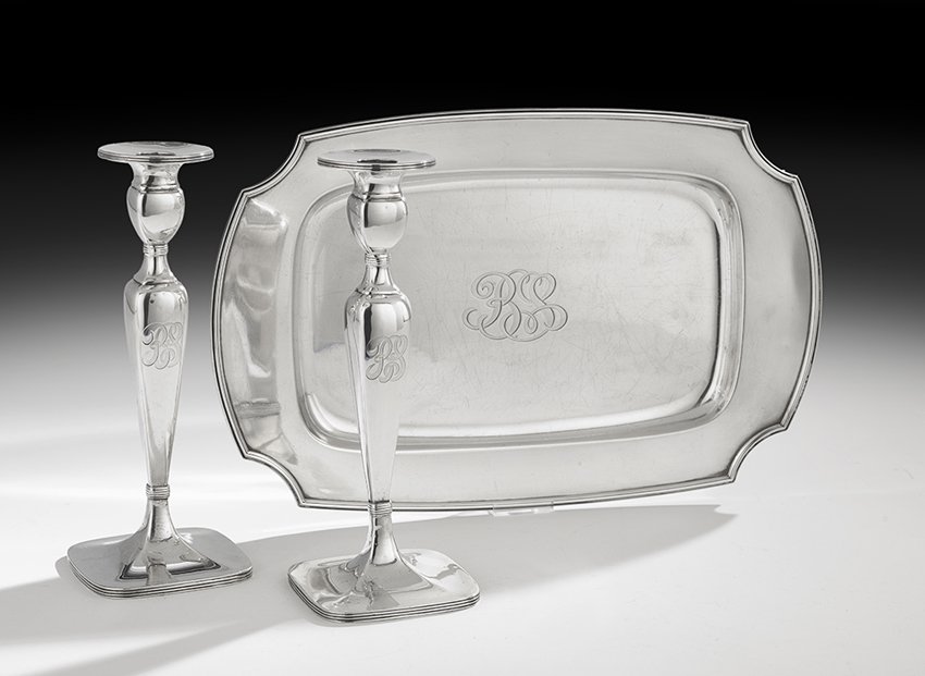Three-Piece Gorham Sterling Silver Table Set: Three-Piece Gorham Sterling Silver Table Set first quarter 20th century, Providence, Rhode Island, including a pair of candlesticks, h. 9-3/4", w. 3-3/4", and a tray, l. 15", w. 9-7/8", the candlestic