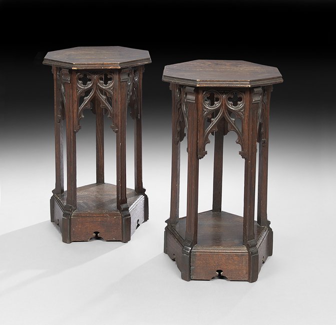 Pair of Gothic-Style Oak Pedestals: Pair of Gothic-Style Oak Pedestals late 19th century, each with an octagonal top with a molded edge, above an arched and quatrefoil-pierced frieze joined by molded supports to the pentagonal base, h. 