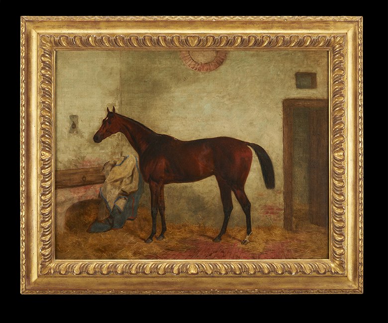 British School (Third Quarter 19th Century): British School (Third Quarter 19th Century) "Chestnut Horse in the Stable", oil on canvas, illegibly signed mid-left, 22-1/2" x 19-1/2". Framed. Provenance: Collection of Ritz Carlton Jockey Club, New