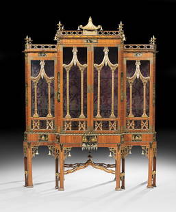 Edwardian Chinoiserie-Decorated Breakfront: Fine Edwardian Chinoiserie-Decorated Satinwood Breakfront ca. 1900, in two parts, the upper section with a fretwork gallery, the doors with glazed panels and pagoda-form mullions, on a conforming base