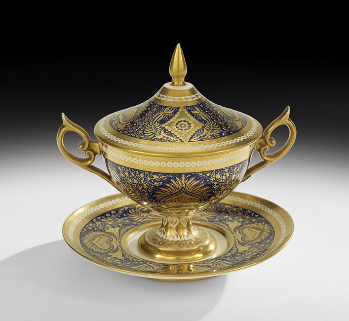 Derby Porcelain Covered Ecuelle and Stand: Derby Porcelain Covered Ecuelle and Stand fourth quarter 18th century, English, decorated with carefully detailed lozenges, trailing ivy and ferns, with raised berries, the stand marked with a gilt cr