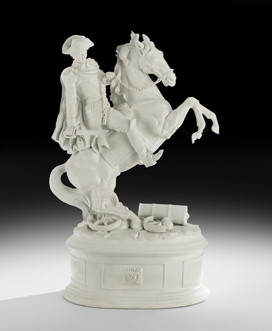 Parian Figure of "Napoleon Crossing the Alps": German Parian Figure of "Napoleon Crossing the Alps" 20th century, the figure inspired by the Jacques-Louis David painting depicting him charging on horseback, over a broken and disabled cannon, raise