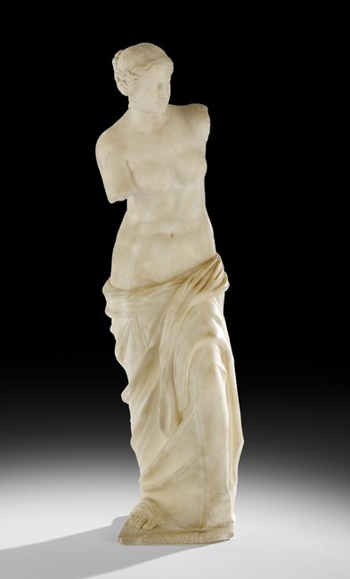Carved Alabaster Figure of Venus de Milo: Carved Alabaster Figure of Venus de Milo fourth quarter 19th century, after the Antique, h. 24-1/2", w. 5-1/2", d. 6".
