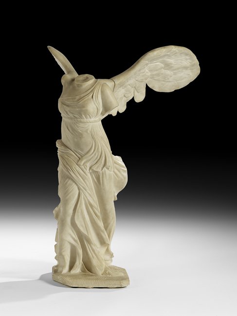 Alabaster "Winged Victory of Samothrace": Italian Carved Alabaster Figure of the "Winged Victory of Samothrace" fourth quarter 19th century, after the Antique, h. 25-1/4", w. 16-1/2", d. 19-1/2".