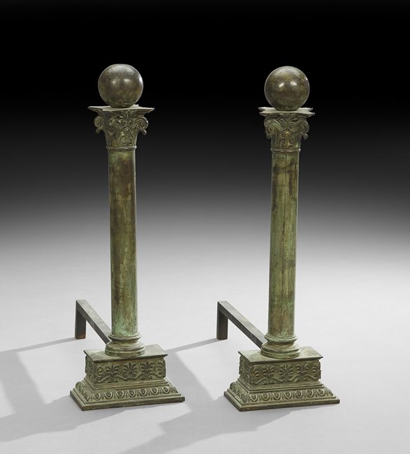 Pair of Beaux-Arts Bronze Andirons: Pair of Beaux-Arts Bronze Andirons ca. 1900, probably Italian, on anthemia-molded bases with Corinthian column standards, with spherical finials, set with iron billet bars, h. 29-1/2", w. 9", d. 24".
