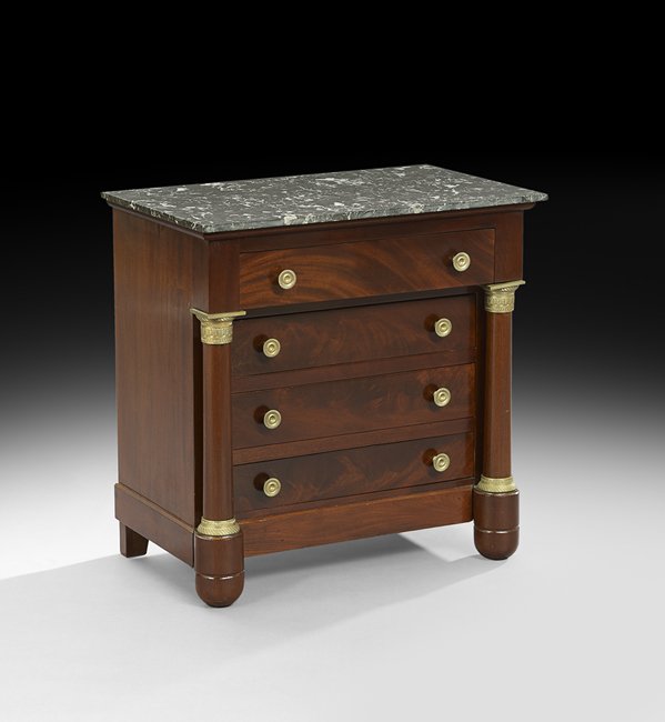 Miniature Empire-Style Marble-Top Commode: Miniature Empire-Style Mahogany and Marble-Top Commode mid-19th century, the rectangular Sainte Anne des Pyrenees marble top above a conforming case fitted with a single frieze drawer over three reces