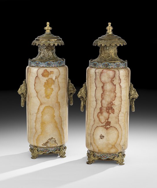 Pair of French Alabaster & Bronze Garniture Urns: Pair of French Alabaster, Bronze and Enamel Garniture Urns ca. 1900, the alabaster urns fitted with enamel-trimmed bronze fittings and lion's head handles, both with chinoiserie covers, h. 15-1/2", di