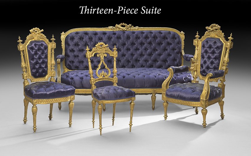 Thirteen-Piece Napoleon III Giltwood Parlor Suite: Thirteen-Piece Napoleon III Giltwood Parlor Suite third quarter 19th century, consisting of a settee, a pair of armchairs, eight sidechairs and two ballroom chairs, all with a floral torchere crest ab