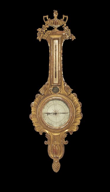 Louis XV Carved Giltwood Barometer: Louis XV Carved Giltwood Barometer ca. 1768, Paris, of "banjo" form, the lower section leaf-carved with a pineapple finial supporting the rocaille-carved dial surround, surmounted with a thermometer a