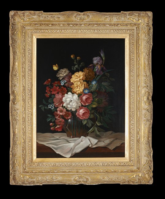 Evelio Garcia Mata (Cuban/French, 1910-1985): Evelio Garcia Mata (Cuban/French, 1910-1985) "Floral Still Life With Bird Pecking at the Ripe Pomegranate" and "Floral Still Life in a Glass Vase", pair of oils on board, each signed lower left, each 