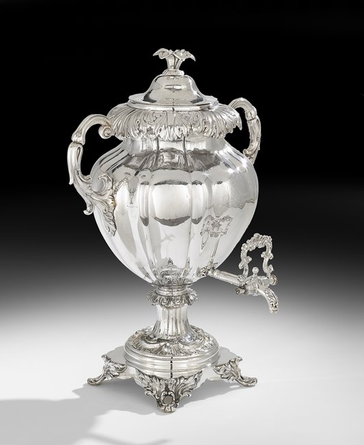 William IV Old Sheffield Plate Hot Water Urn: William IV Old Sheffield Plate Hot Water Urn second quarter 19th century, the serpentine-lobed ovoid body with deeply everted acanthus rim and open arched handles, the tap en suite with rocaille "C"-s