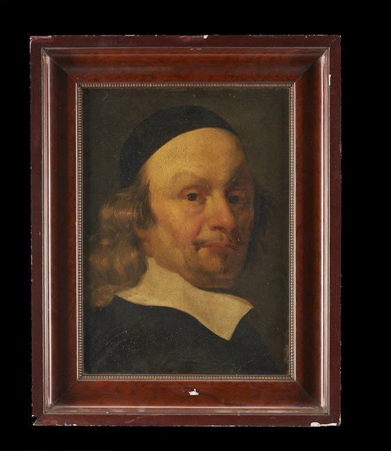 Follower of Ferdinand Bol (Dutch, 1616-1680): Follower of Ferdinand Bol (Dutch, 1616-1680) "Portrait of a Man in a Black Hat", oil on canvas, 15" x 11". Framed.