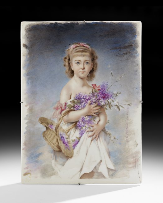 French Porcelain Plaque Depicting a Young Woman: French Porcelain Plaque Depicting a Young Woman with a Basket of Flowers ca. 1879, after Charles Joshua Chaplin (French, 1825-1891), signed on the side "1879 G. lil de Crain, d'apres Chaplin", h. 13",