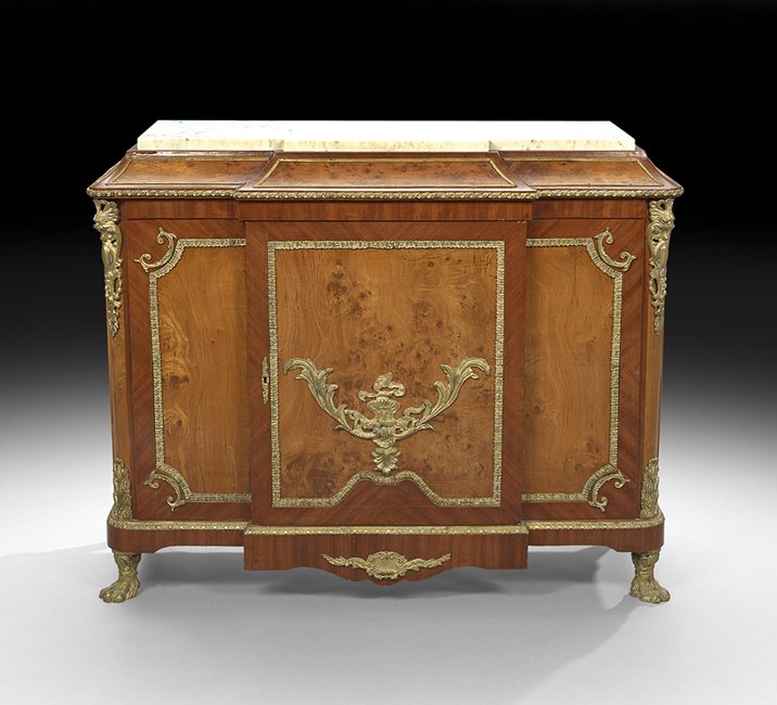 English Mahogany and Burl Wood Cabinet: English Mahogany and Burl Wood Cabinet early 20th century, the breakfront top with an inset white marble surface, above a conforming case fitted with a paneled sloped frieze above a central cupboard d
