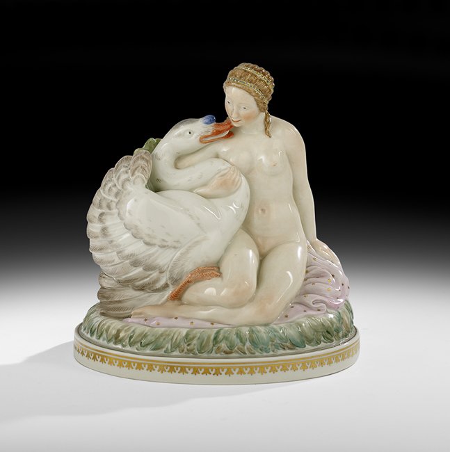 Royal Copenhagen "Juliane Marie" Figure: Royal Copenhagen "Juliane Marie" Figure, Depicting Leda and the Swan ca. 1946, Danish, designed by Gerhard Henning and marked with an overglaze black crown, the decorator's initials "6 fx", and the da