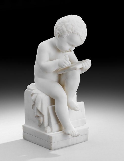 Italian Marble Figure of a Child Writing: Italian Marble Figure of a Child Writing ca. 1900, after Antonio Canova (Italian, 19th century), the seated figure holding a stylus and tablet inscribed "Canova", h. 17", w. 7-1/2", d. 8-1/2".