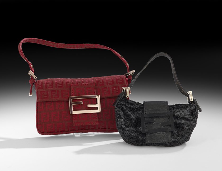 Two Small Fendi Handbags: Two Small Fendi Handbags the first a burgundy signature cotton baguette with copper-toned hardware, the buckles, exterior and interior clasp stamped, the interior with a slip pocket labeled: "Fendi/Ma