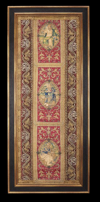 Spanish Embroidered Silk Chasuble Fragment: Spanish Embroidered Silk and Metallic Needle-Lace Chasuble Fragment 18th century, the crimson silk center panel with navette cartouches of St. Peter, St. Paul and St. John the Greater, each finely sha