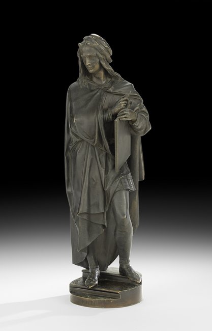 French Patinated Bronze of Raphael: French Patinated Bronze of Raphael fourth quarter 19th century, after Albert-Ernest Carrier-Belleuse (French, 1824-1887), cast signature and inscribed "Deniere" at edge of base, h. 26", w. 8-1/2", d. 