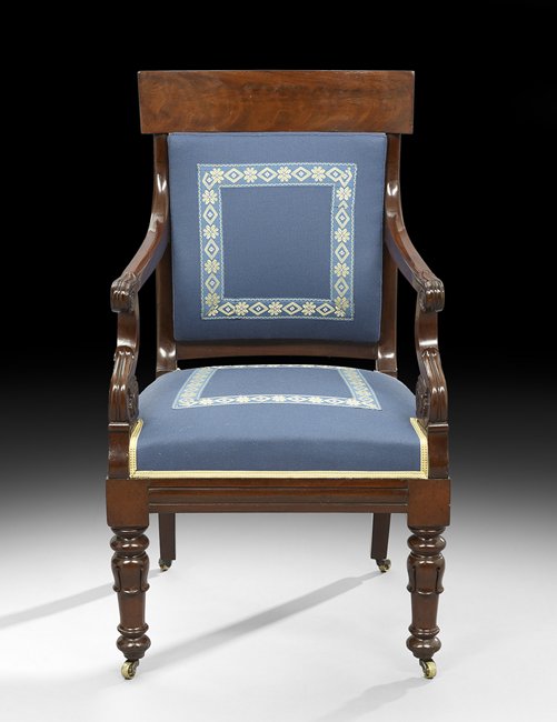 American Classical Mahogany Armchair: American Classical Mahogany Armchair ca. 1825, Boston, with a concave top rail over a shaped back cushion, the stiles joined to open arms on foliate-carved scroll supports, a molded seat rail and turn