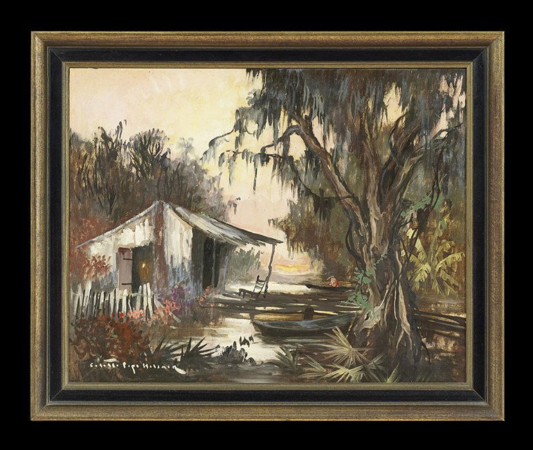 Colette Pope Heldner (New Orleans, 1902-1990): Colette Pope Heldner (American/ New Orleans, 1902-1990) "Swamp Idyll", oil on canvasboard, signed lower left, 19-3/4" x 15-1/2". Framed.