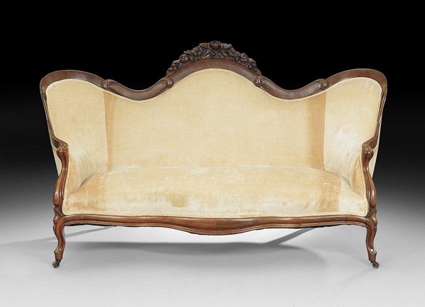 American Rococo Revival Rosewood Sofa: American Rococo Revival Laminated Rosewood Sofa in the "Rosalie Without Grapes" Pattern third quarter 19th century, attributed to John Henry Belter, New York, the serpentine back centered by a floral-