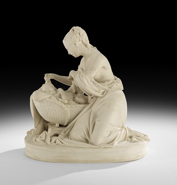 English Minton "Mother and First-Born" Figure: English Minton "Mother and First-Born" Figure, After Albert Ernest Carrier-Belleuse ca. 1851, depicting a young mother covering her sleeping infant son with a blanket, inscribed "A Carrier" on the bac