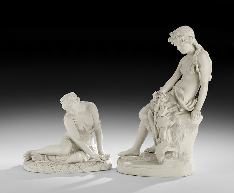 Two English Parian Figures: Two English Parian Figures including a Copeland example, "Studies from Life", fourth quarter 19th century, after Owen Hale, depicting a semi-clad young woman resting on a step, picking flowers, inscri