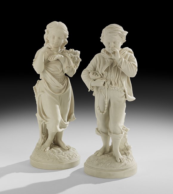 Pair of Signed Parian Figures: Pair of Signed Parian Figures fourth quarter 19th century, "The Young Naturalists", after sculptures by R. J. Morris (British, 1847-1909), one depicting a young boy with a bird's nest, and the other a