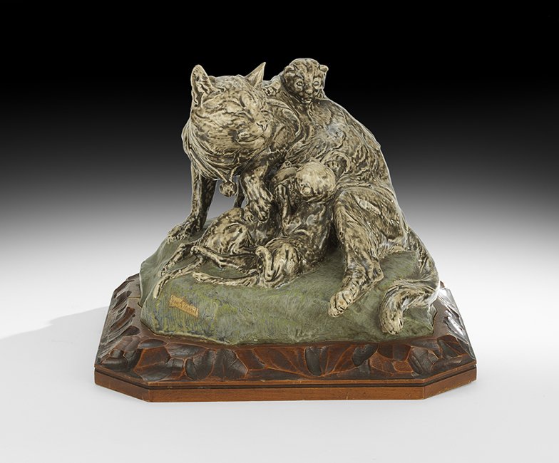 Art Deco Mougin Pottery Sculpture of a Mother Cat: Art Deco Mougin Pottery Sculpture of a Mother Cat and Her Kittens second quarter 20th century, Nancy, France, on the original chip-carved wooden base, the sculpture depicting a complacent mother with 