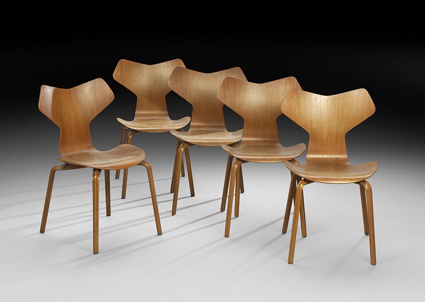 Five Arne Jacobsen "Grand Prix" Teak Chairs: Suite of Five Arne Jacobsen "Grand Prix" Laminated Teak Chairs designed in 1957, each with the branded manufacturer's mark of Fritz Hansen, and "Made by FH Denmark", each on shaped legs, h. 30-1/2".