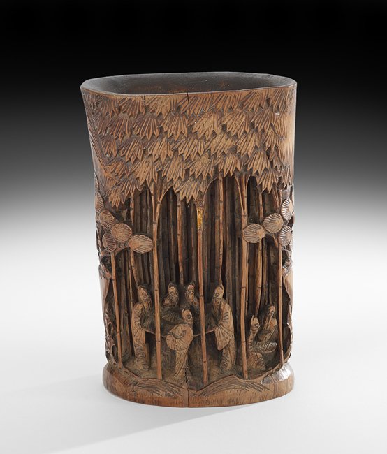 Chinese Carved Bamboo Brush Pot: Chinese Carved Bamboo Brush Pot, Qing Dynasty (1644-1911), depicting the Seven Sages of the Bamboo grove in a bamboo thicket, framed with pine trees, unmarked, h. 7-1/2", w. 5-1/8".