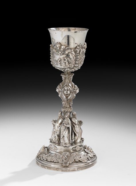 Continental Silverplate Chalice: Continental Silverplate Chalice, first quarter 20th century, the base with the attributes of the four evangelists joined by grapevine swags and surmounted by figures of church fathers Saints Jerome, A