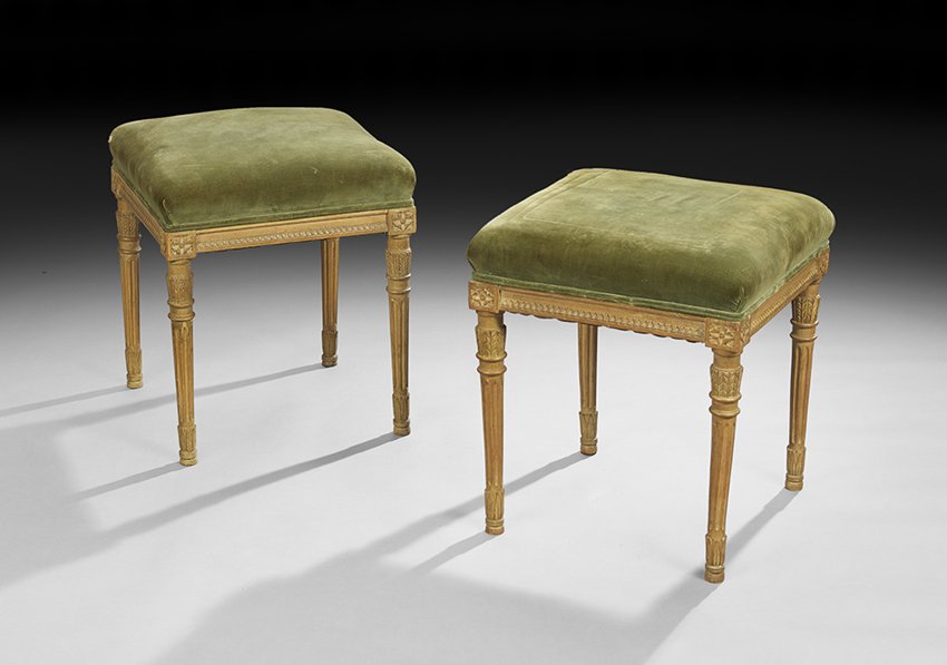 Pair of Louis XVI-Style Beechwood Footstools: Pair of Louis XVI-Style Carved Beechwood Footstools, second quarter 20th century, h. 18-1/4", w. 16", d. 16".