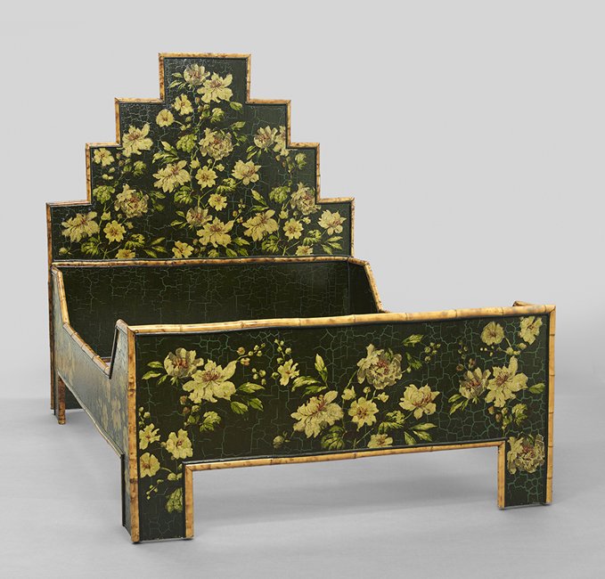 Unusual Contemporary Bamboo-Trimmed Bed: Unusual Contemporary Bamboo-Trimmed Bed, the stepped headboard painted with Impressionist-style flowers, h. 73", outside, w. 66", l. 85".