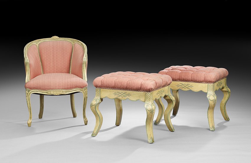 Three-Piece Group of Louis XV-Style Furniture: Three-Piece Group of Painted Louis XV-Style Furniture, comprised of a bergere and a pair of stools, each with like decoration and mauve upholstery, chair, h. 33", stool, h. 20-3/4", w. 23", d. 19".