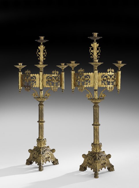 Pair of English Gilt-Bronze Four-Light Candelabra: Pair of English Gilt-Bronze Four-Light Candelabra, fourth quarter 19th century, in the Gothic taste, decorated with spiral-reeded standards and pierced galleries, h. 30", w. 12-3/4", d. 7".