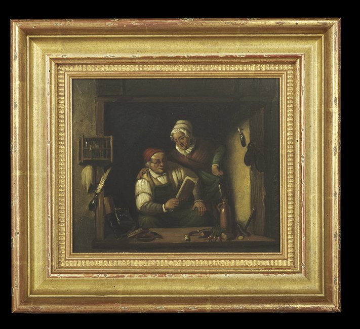 Follower of Gerrit Dou (Dutch, 1613-1675): Follower of Gerrit Dou (Dutch, 1613-1675), "The Cook and His Wife", oil on board, late 19th/early 20th century, 8" x 9". Presented in a giltwood frame.
