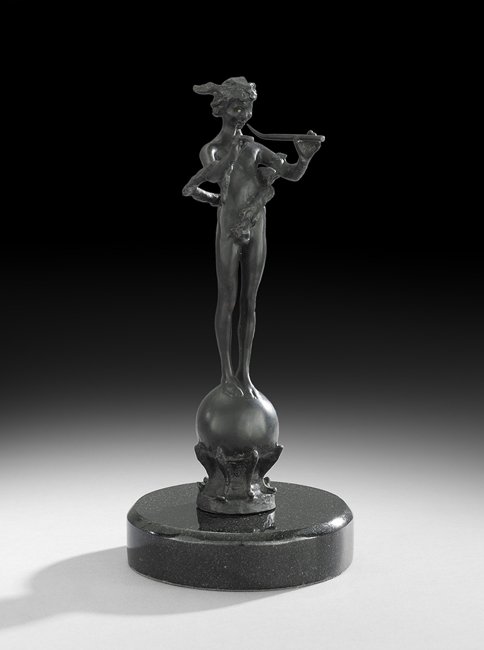 Frederick Wm. MacMonnies (American, 1863-1937): Frederick William MacMonnies (American, 1863-1937), "Pan of Rohallion", first quarter 20th century, bronze, cast signature and date at back edge of sphere, on a black marble plinth, h. 11", w. 4-1/2",