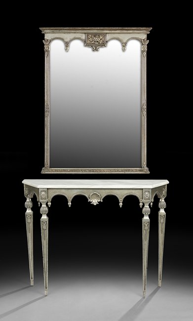 Silver-Gilt Marble-Top Console Table and Mirror: Silver-Gilt and Marble-Top Console Table and Mirror, in the Italian neoclassical taste, decorated with arcading, overall, h. 78-3/4", w. 44-1/2", d. 11-1/2".