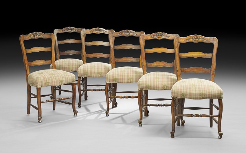 Six Provincial Louis XV-Style Dining Chairs: Suite of Six Provincial Louis XV-Style Stained Birch Dining Chairs, each with a floral-carved scalloped crest over like splats, upholstered seat and cabriole legs, h. 38".
